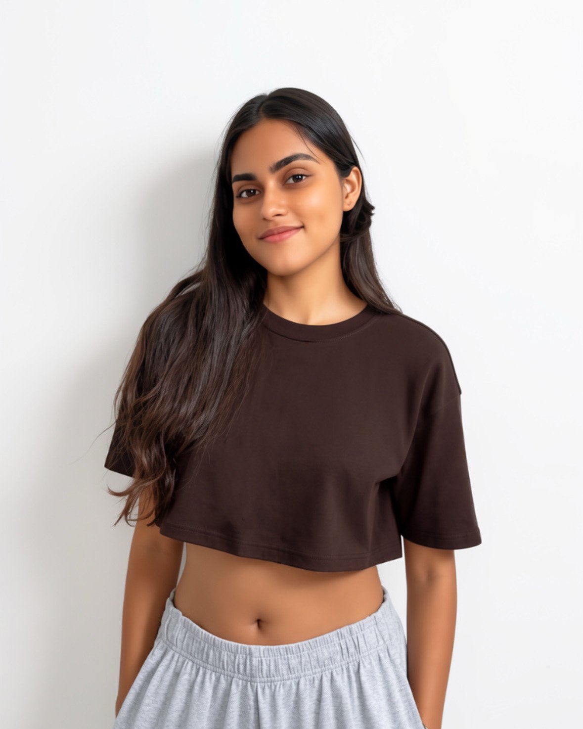 Drop-Shoulder Sleeves Crop Boxy Fit T-shirt Brown